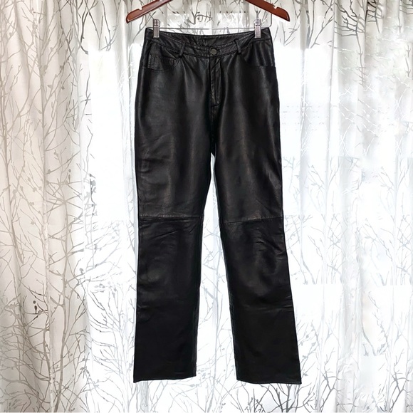 Real genuine leather black high waisted straight leg long pants with pockets - Picture 2 of 14
